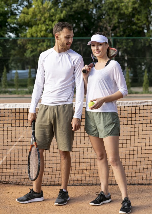 Deux personnes sur un terrain de tennis, leur raquette à la main